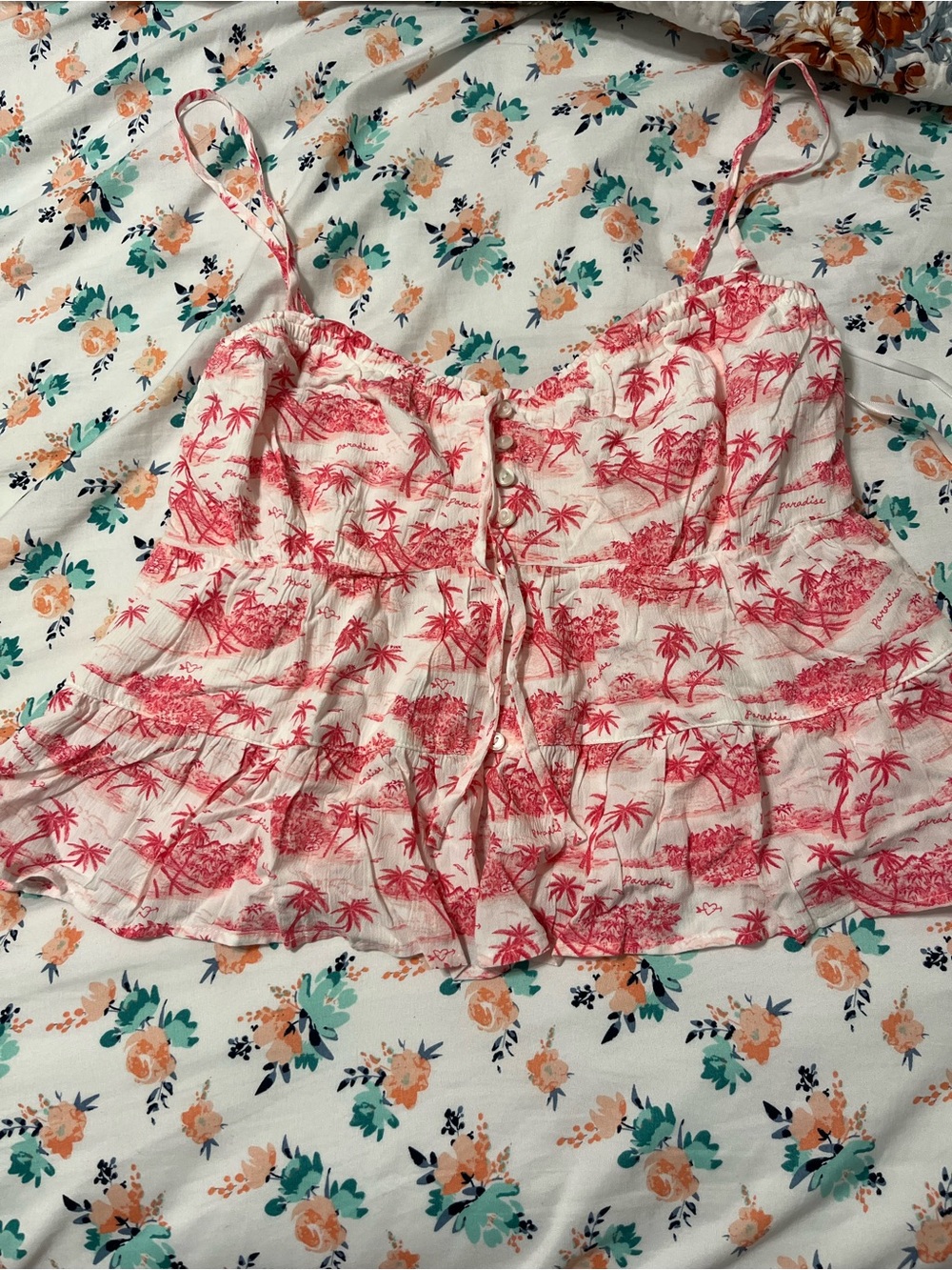PINK Victoria's Secret Cream Spaghetti Strap Tropical Print Camisole